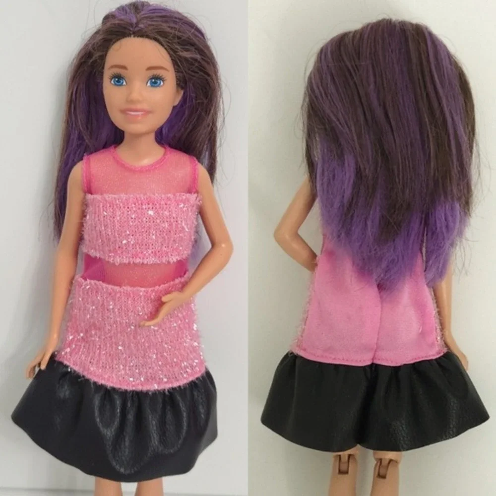 Barbie & Purple Hair Skipper Doll in Pink Glitter‎ Ruffle Party Dress (Set of 2)